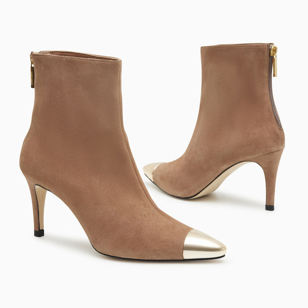 Jon Josef Nancy Metal Pointed Toe Bootie in Taupe Suede Combo